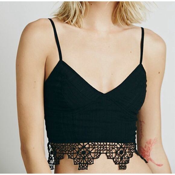 Free People FP One Geo Lace V Neck Bralette Crop Top Boho Black Women's M New - Picture 1 of 10